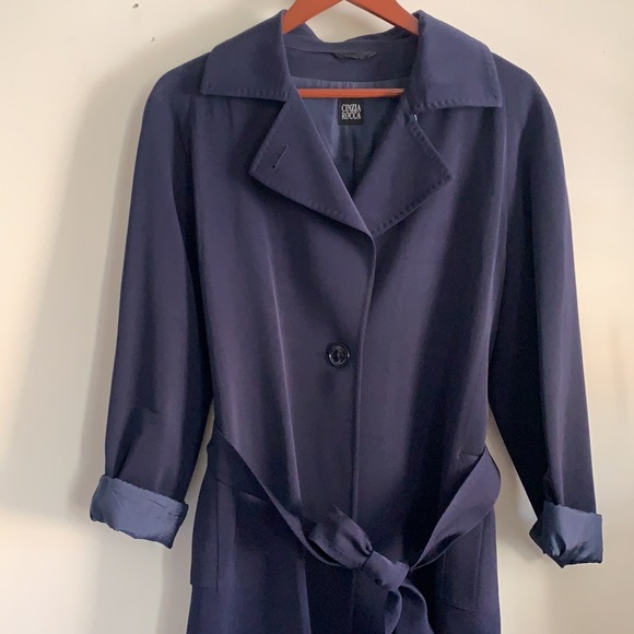 Cinzia Rocca Bergdorf Goodman Virgin Wool Navy Trench Coat US Size 12 - Picture 3 of 9